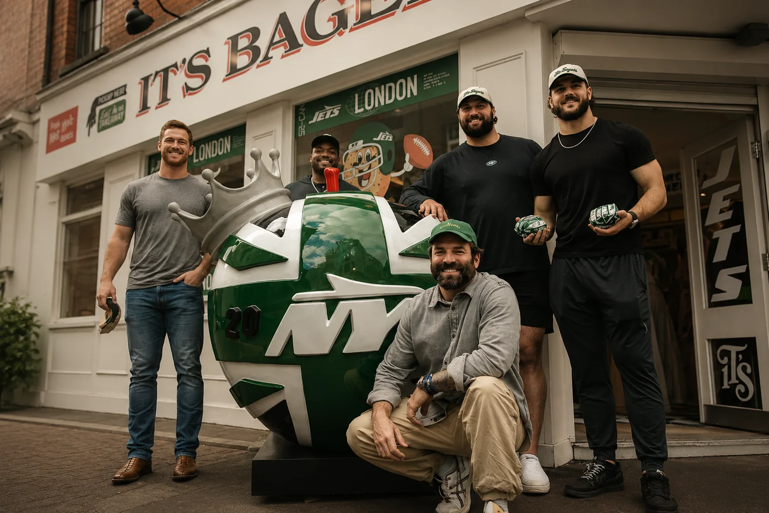 NY Jets Apple and London phone booth sculptures
